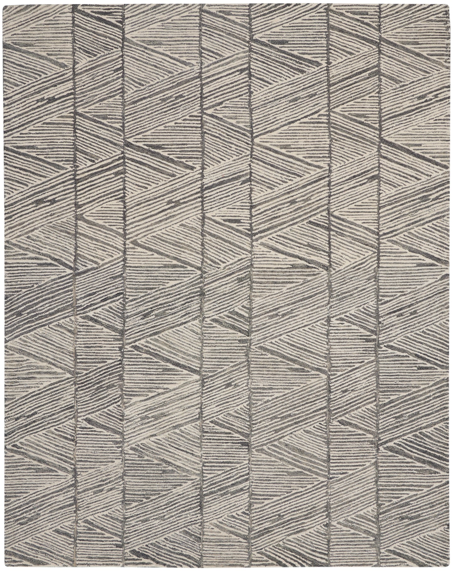 Geometric beige and charcoal area rug with zigzag triangular chevron pattern; textured flat-weave.