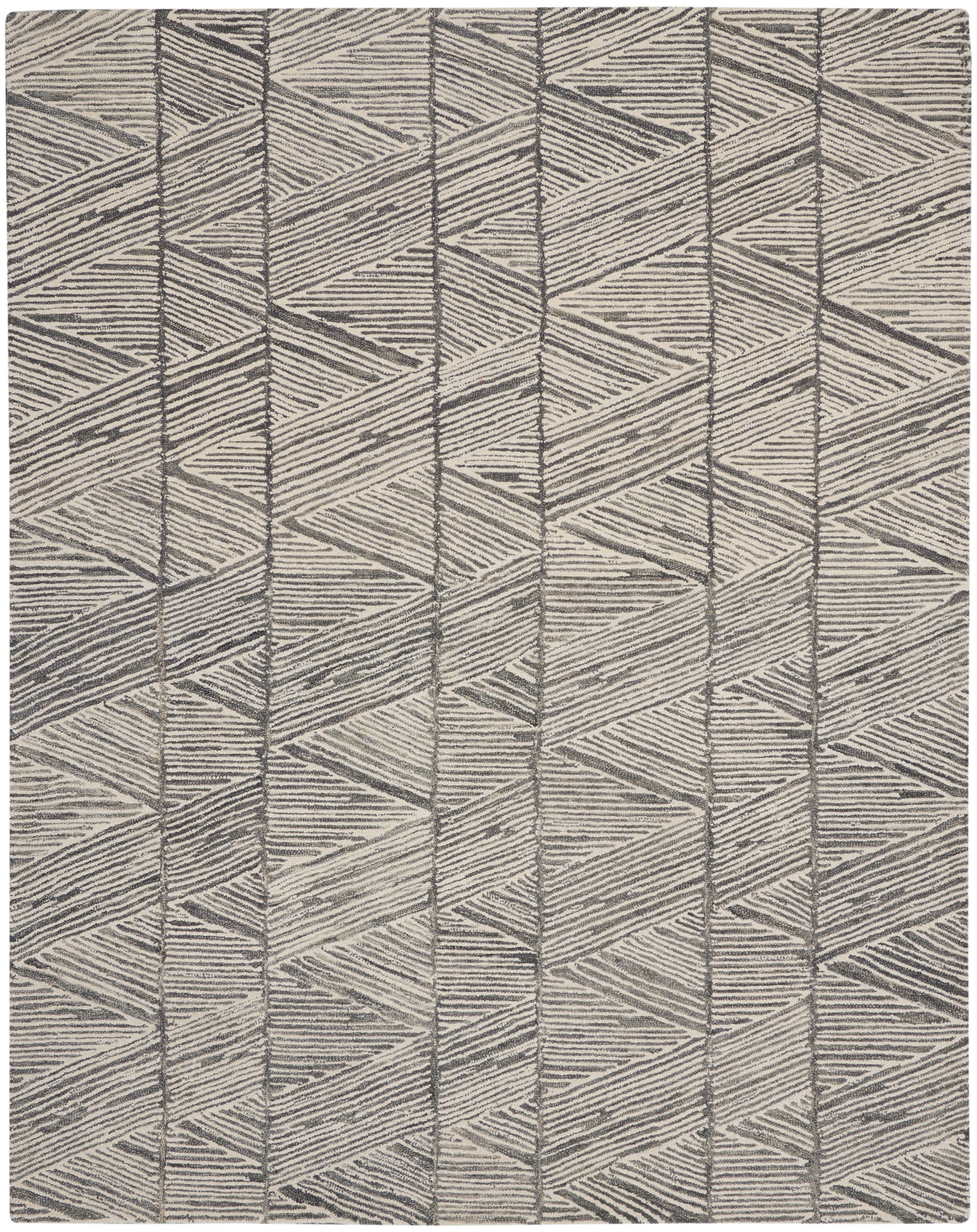 Geometric beige and charcoal area rug with zigzag triangular chevron pattern; textured flat-weave.