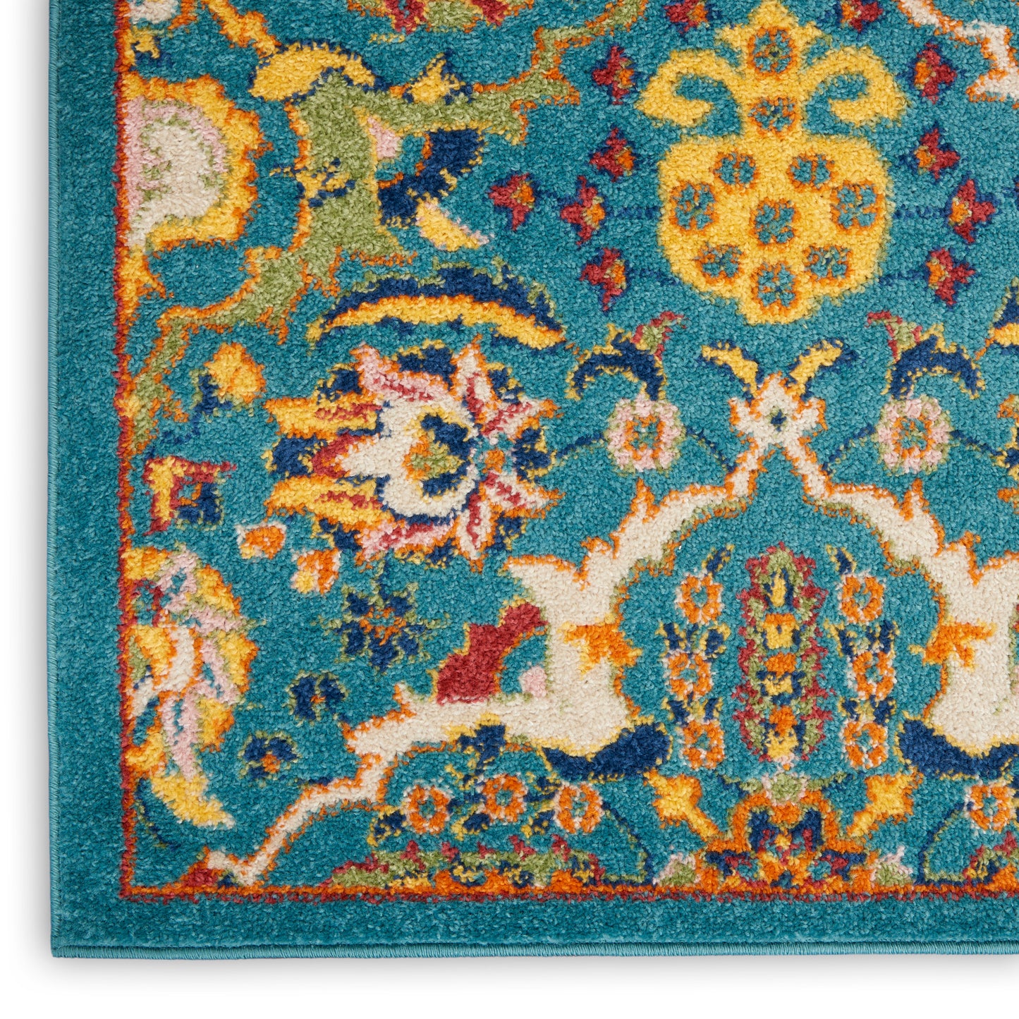 Turquoise oriental area rug border with ornate floral medallion in yellow, orange, cream, pink, blue; woven throw rug.