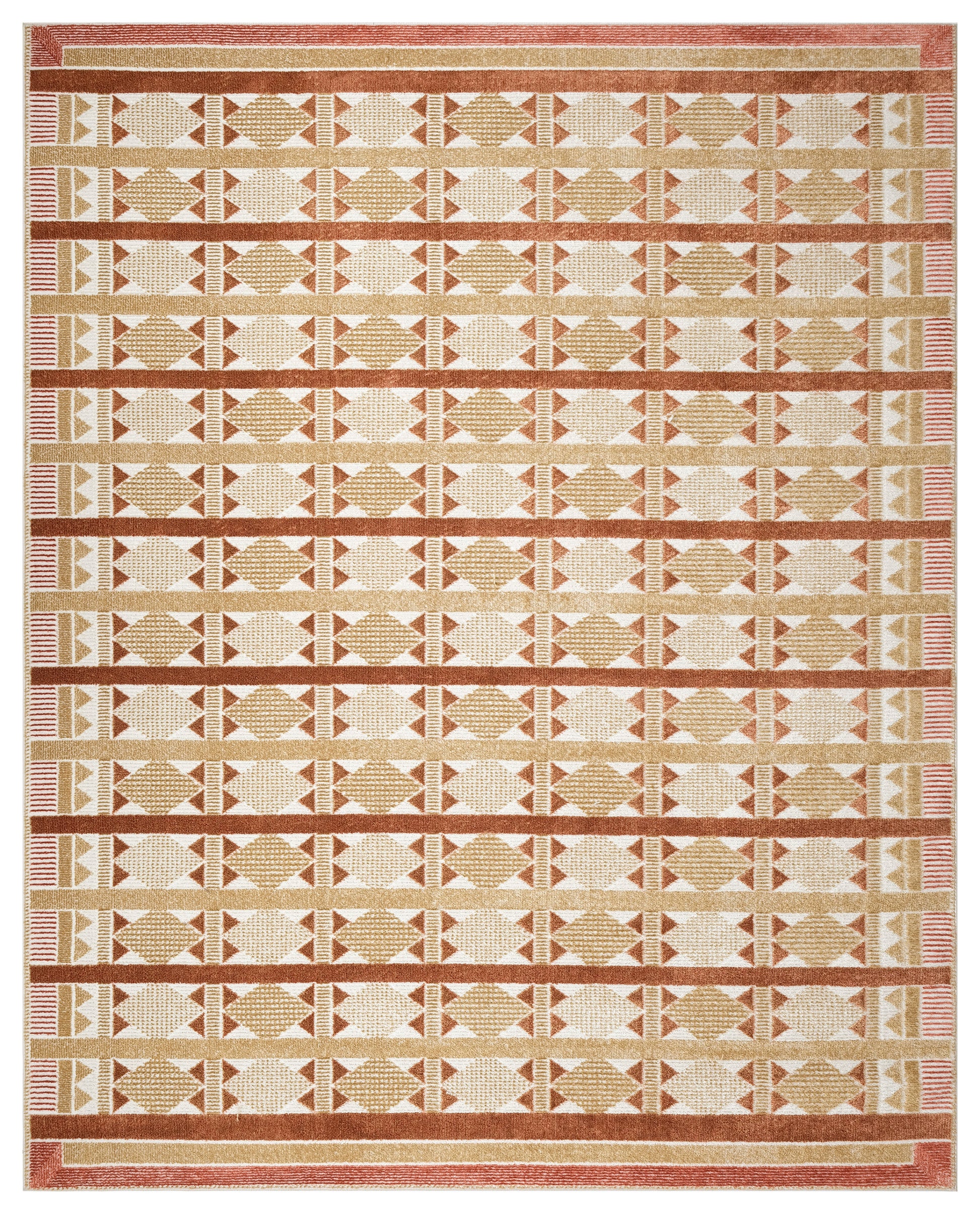 Warm geometric area rug with beige, tan and rust stripes, diamond motifs and bordered frame.