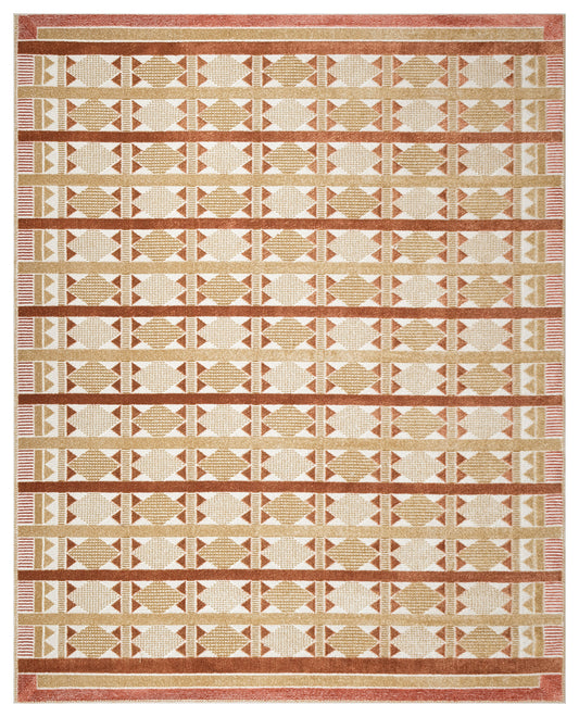 Warm geometric area rug with beige, tan and rust stripes, diamond motifs and bordered frame.