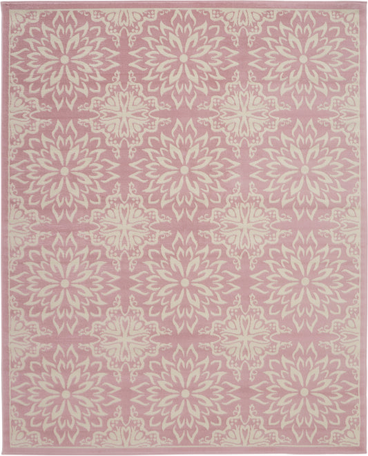 Pink rug with cream rosette medallions and repeating floral border motif across the field.