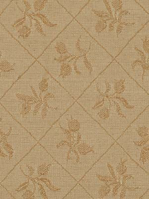 Beige jacquard damask fabric with subtle gold floral motifs in a diamond grid; elegant upholstery or drapery textile.