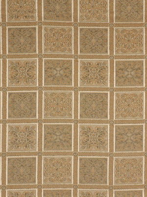 Tan saddle-colored upholstery fabric with a square tile pattern and ornate beige floral centers; vintage decorative print in warm brown tones.