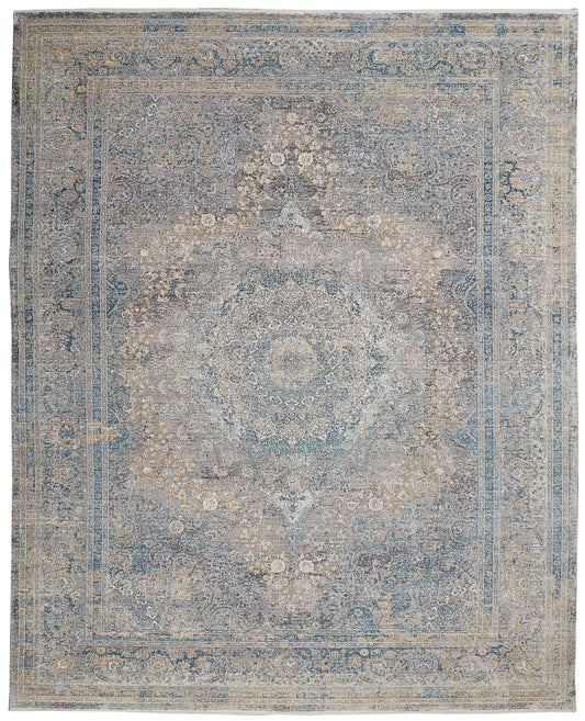 Blue-gray distressed oriental rug with central medallion, faded floral border and antique blue hues.