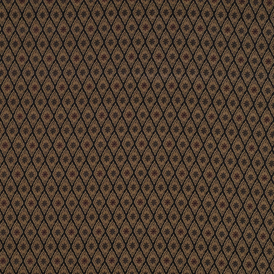 Brown jacquard fabric with a repeating gold diamond damask pattern and subtle floral motifs.