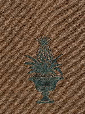Teal pineapple silhouette with leafy fronds on brown woven upholstery fabric