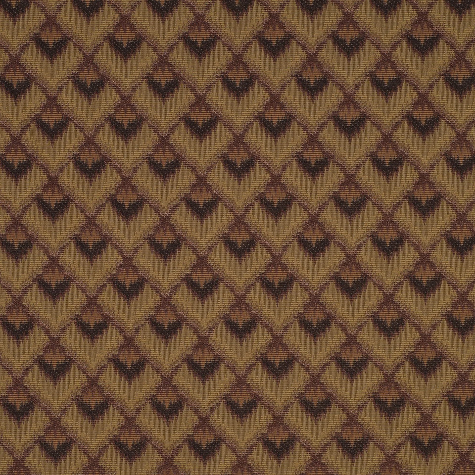 Warm brown and tan diamond ikat-like woven fabric texture with repeating geometric chevron pattern.