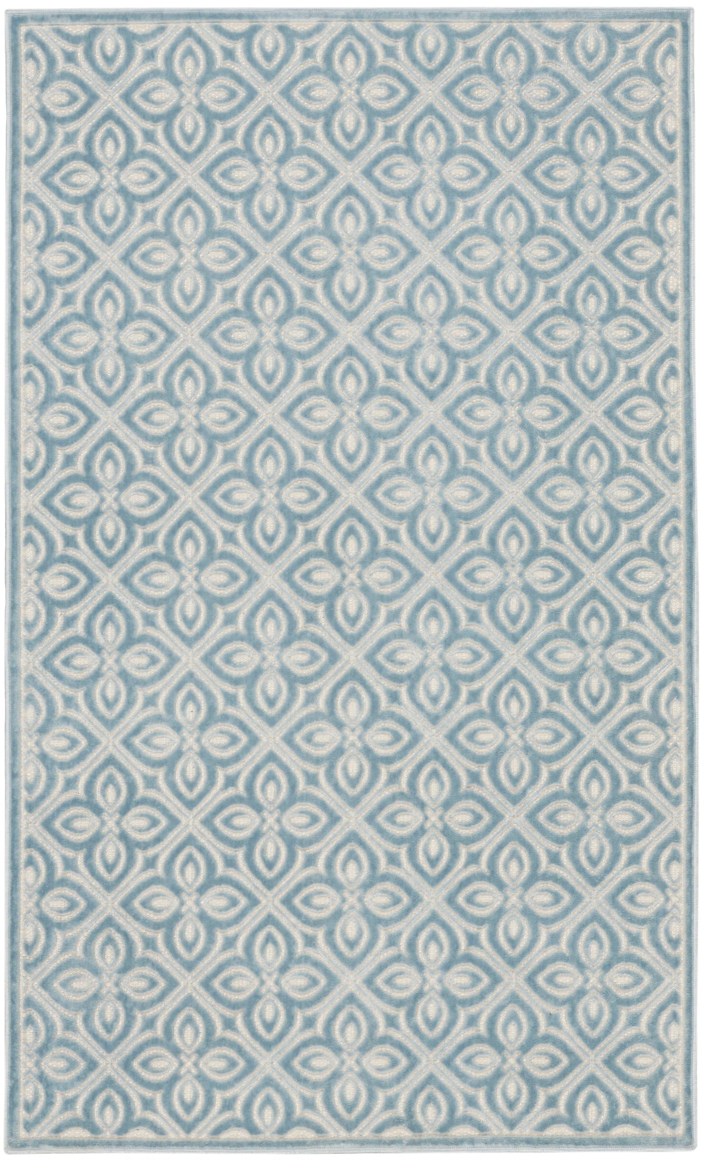 Rectangular blue and white rug with a repeating floral quatrefoil lattice pattern and a light blue border