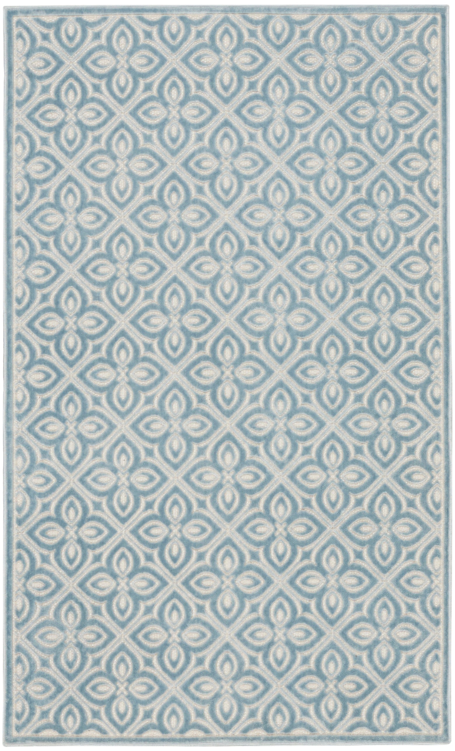 Rectangular blue and white rug with a repeating floral quatrefoil lattice pattern and a light blue border