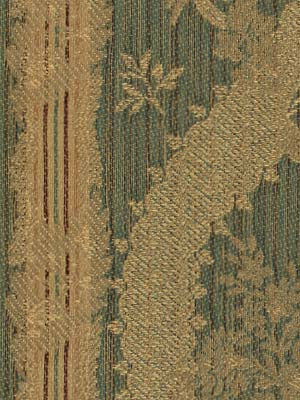 Tapestry upholstery fabric in olive green & gold with damask floral pattern.
