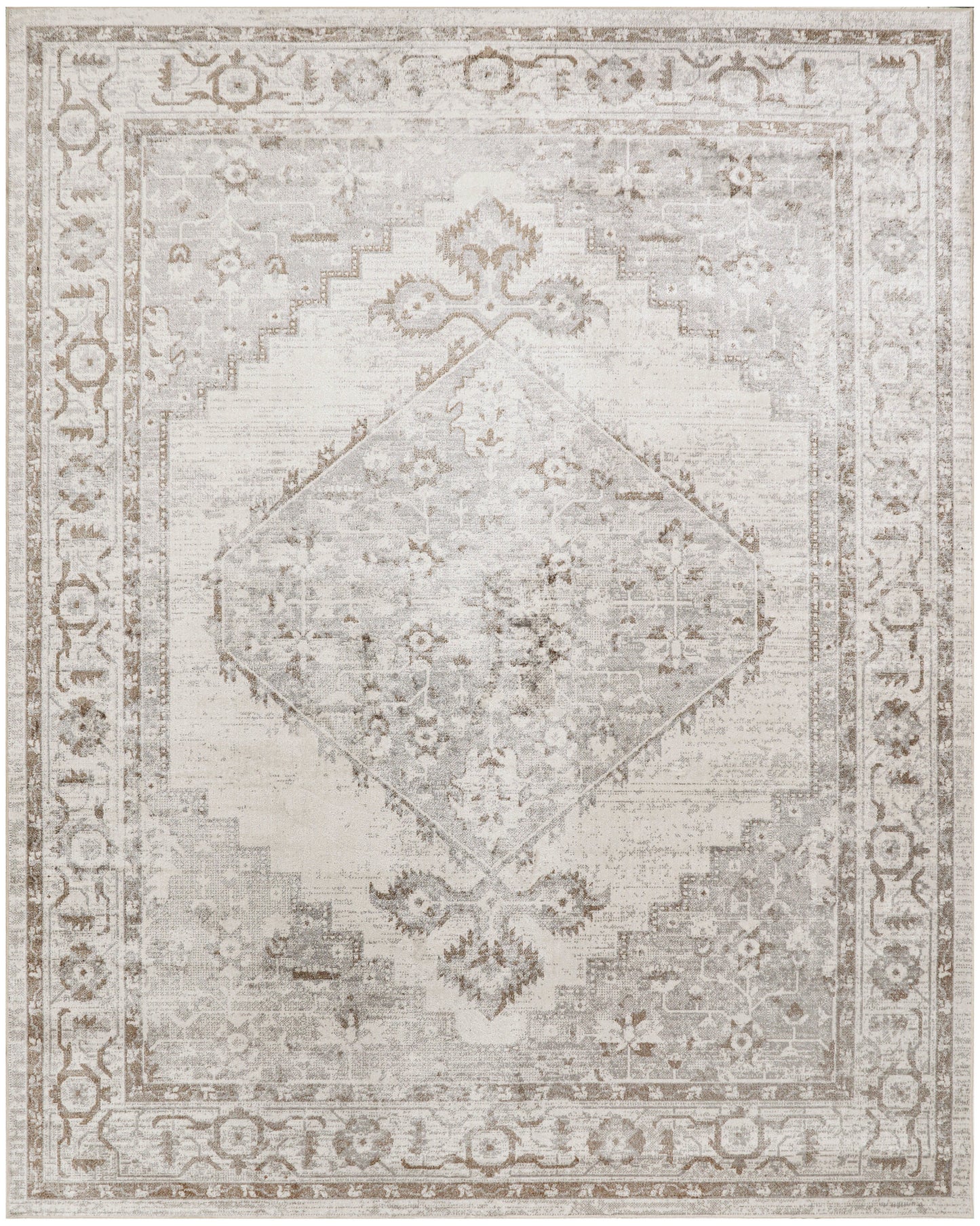 Distressed vintage-style cream and taupe oriental area rug with a diamond medallion and floral border.