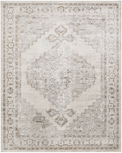 Distressed vintage-style cream and taupe oriental area rug with a diamond medallion and floral border.