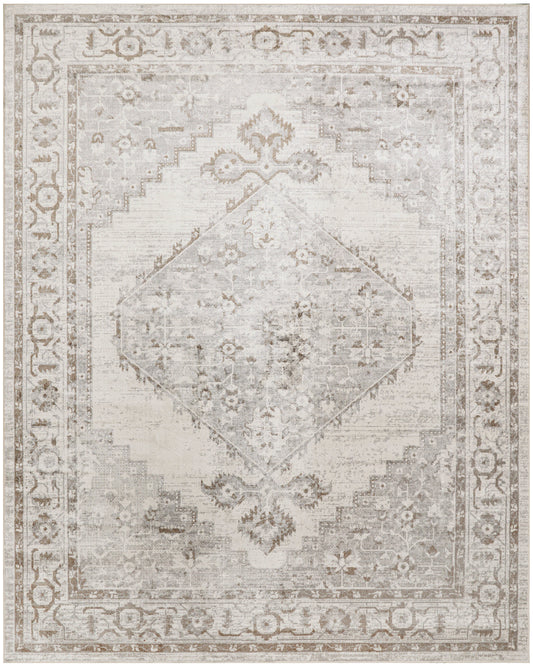 Distressed vintage-style cream and taupe oriental area rug with a diamond medallion and floral border.