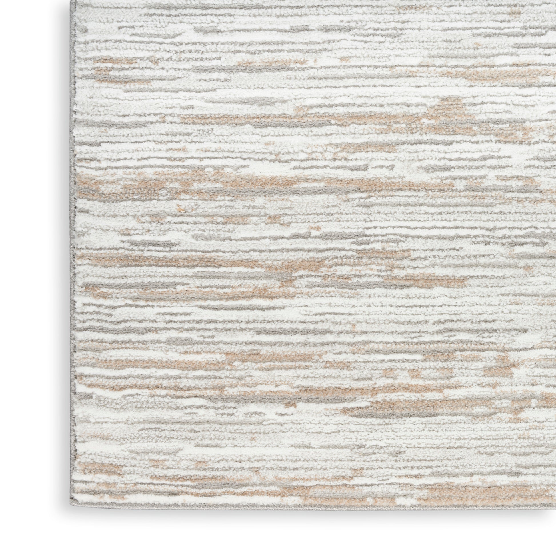 Soft cream area rug with beige and gray horizontal stripes; plush, textured pile for a modern rectangular look.