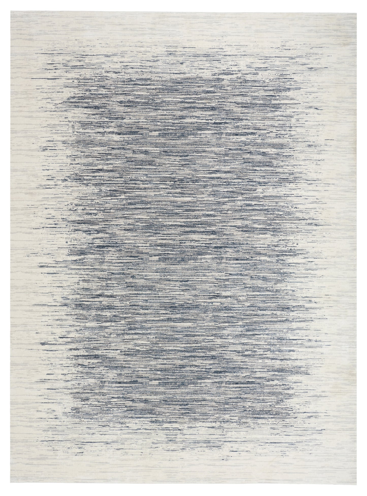 Beige rectangular rug with abstract blue-gray brush-stroke pattern and distressed, waterlike texture.