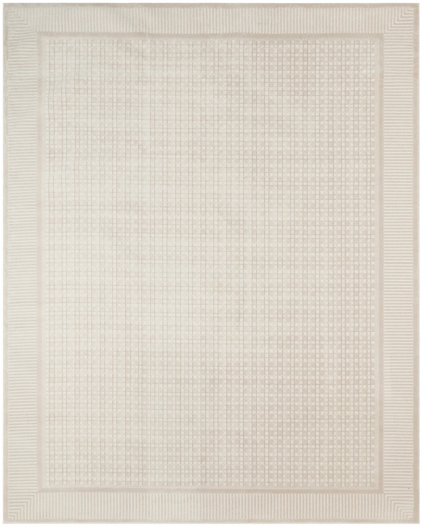 Beige rectangular rug with subtle grid weave and ribbed border; neutral living room accessory.