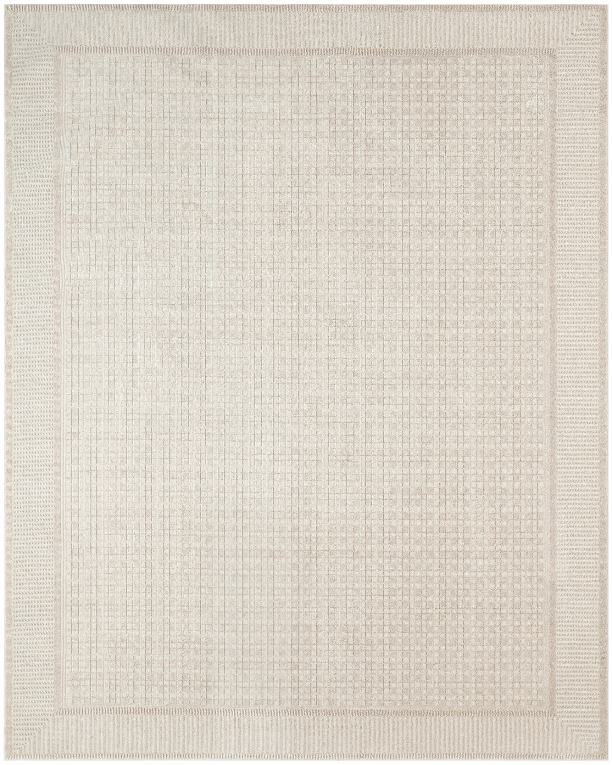 Beige rectangular rug with subtle grid weave and ribbed border; neutral living room accessory.