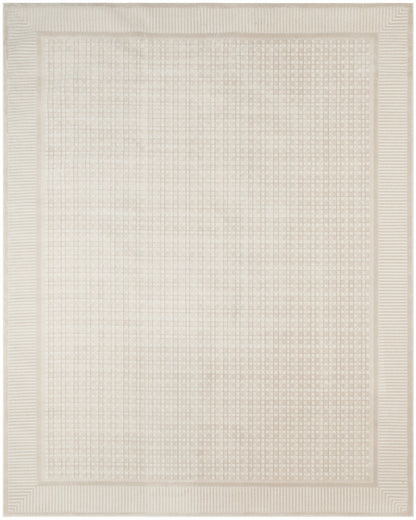 Beige rectangular rug with subtle grid weave and ribbed border; neutral living room accessory.