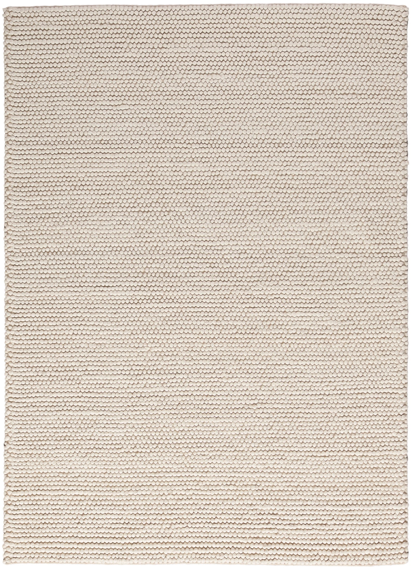 Cream boucle rug with dense, small loop texture; rectangular beige floor covering.