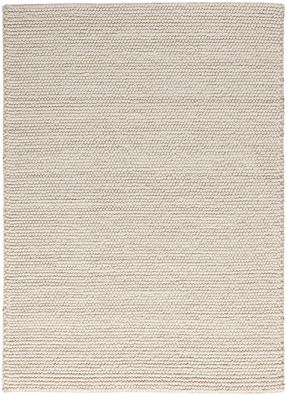 Cream boucle rug with dense, small loop texture; rectangular beige floor covering.
