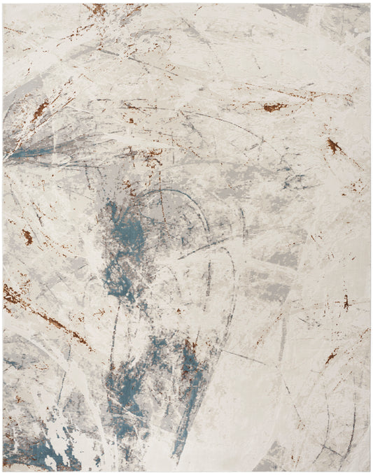 Abstract textured painting on canvas with cream base, blue-gray streaks and rust-brown scratches.