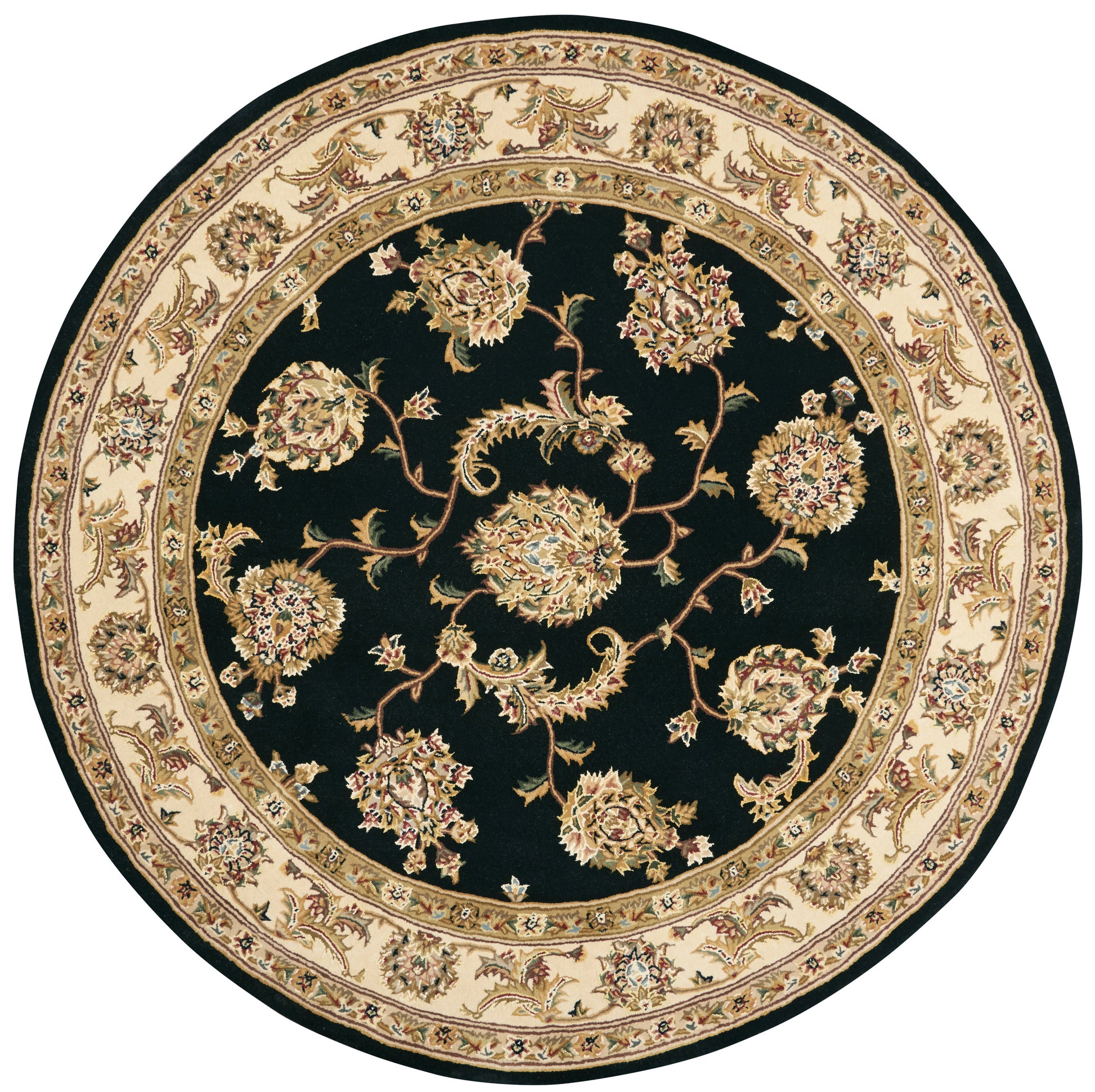 Round oriental rug with black field and cream-beige floral border; intricate scrolling bouquets.