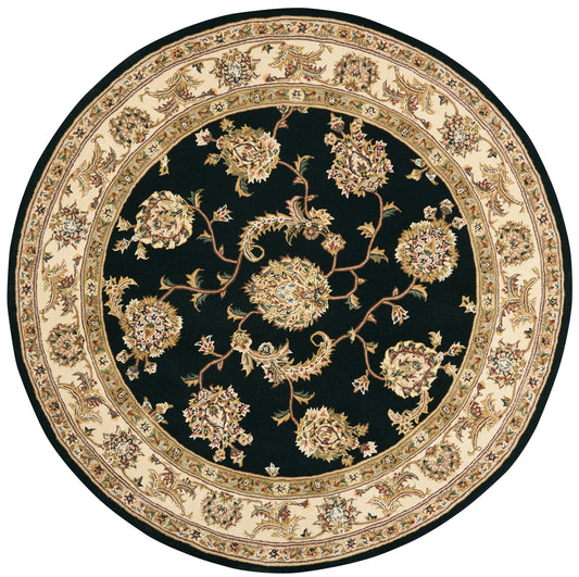 Round oriental rug with black field and cream-beige floral border; intricate scrolling bouquets.