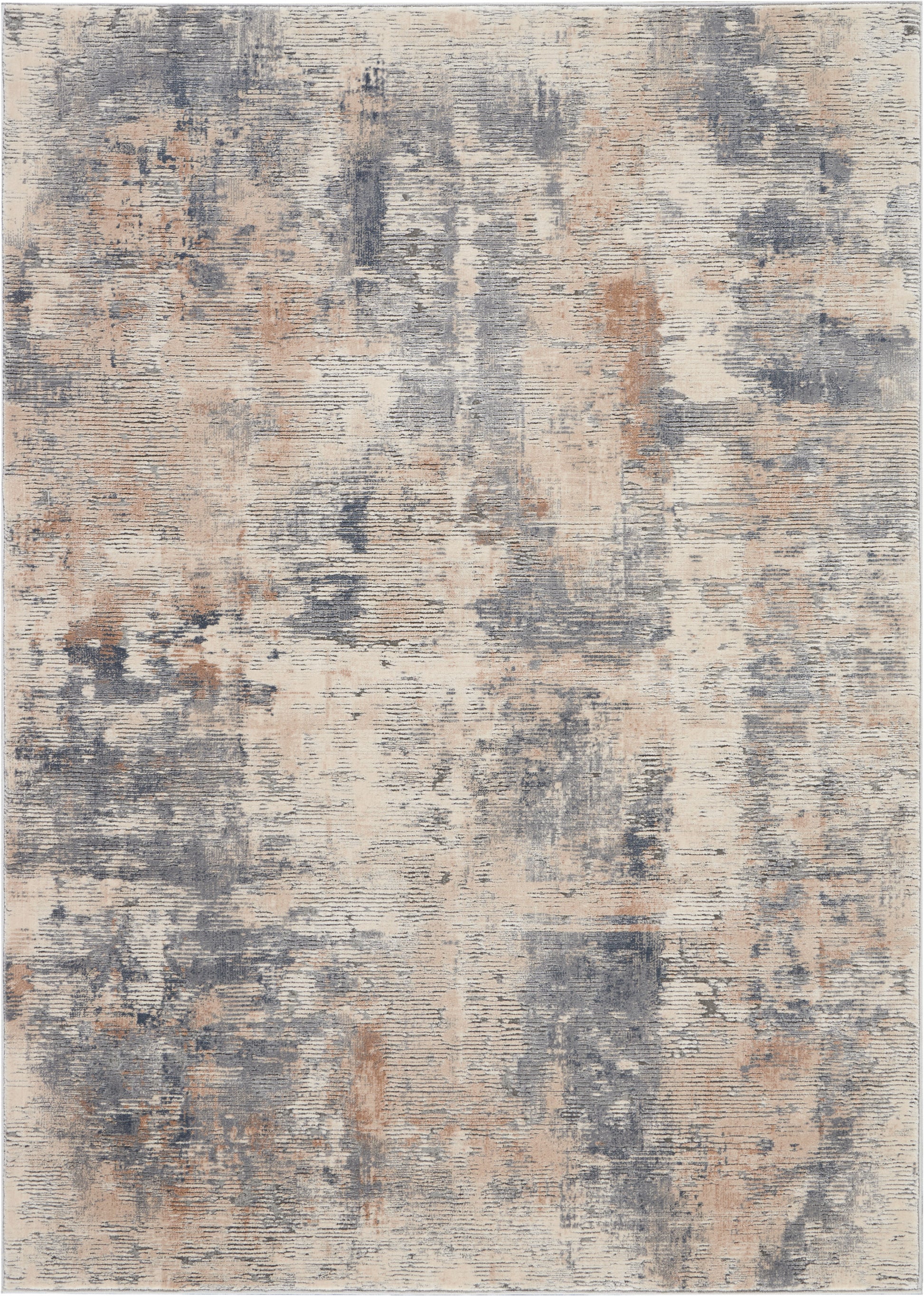Abstract distressed area rug in beige, cream and blue-gray with painterly pattern; soft pile for modern living spaces.