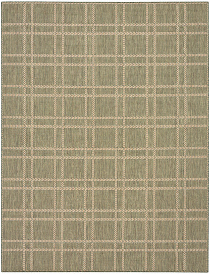 Rectangular natural-fiber rug with olive & beige plaid grid, pink-beige woven lines, textured surface.