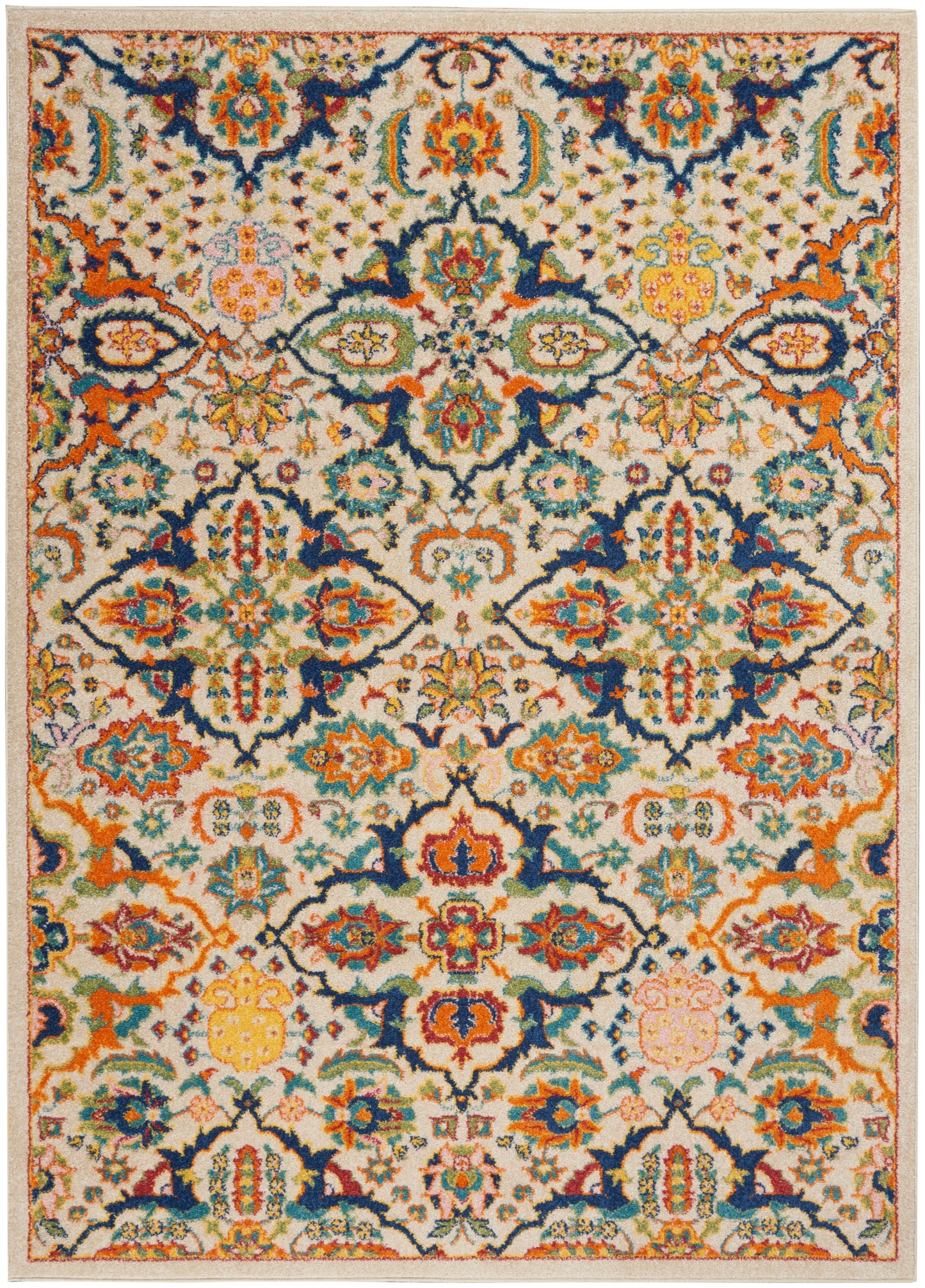 Colorful oriental rug with cream background, intricate blue, orange, teal floral medallions and decorative border.