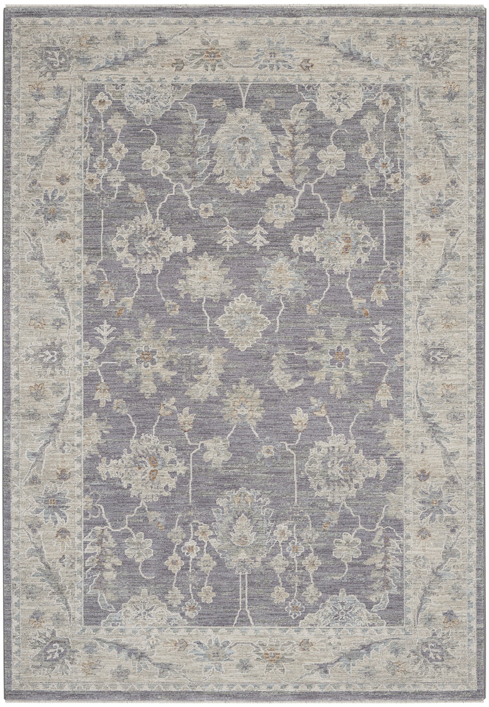 Lavender-gray oriental area rug with ivory floral damask pattern and pale beige border.