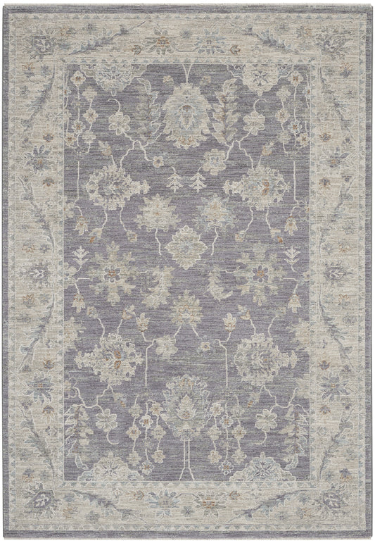 Lavender-gray oriental area rug with ivory floral damask pattern and pale beige border.
