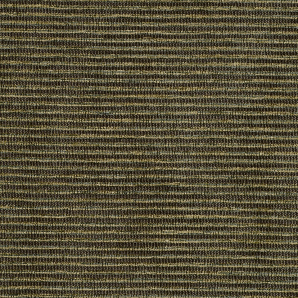 Close-up of olive green and tan striped, textured woven upholstery fabric.