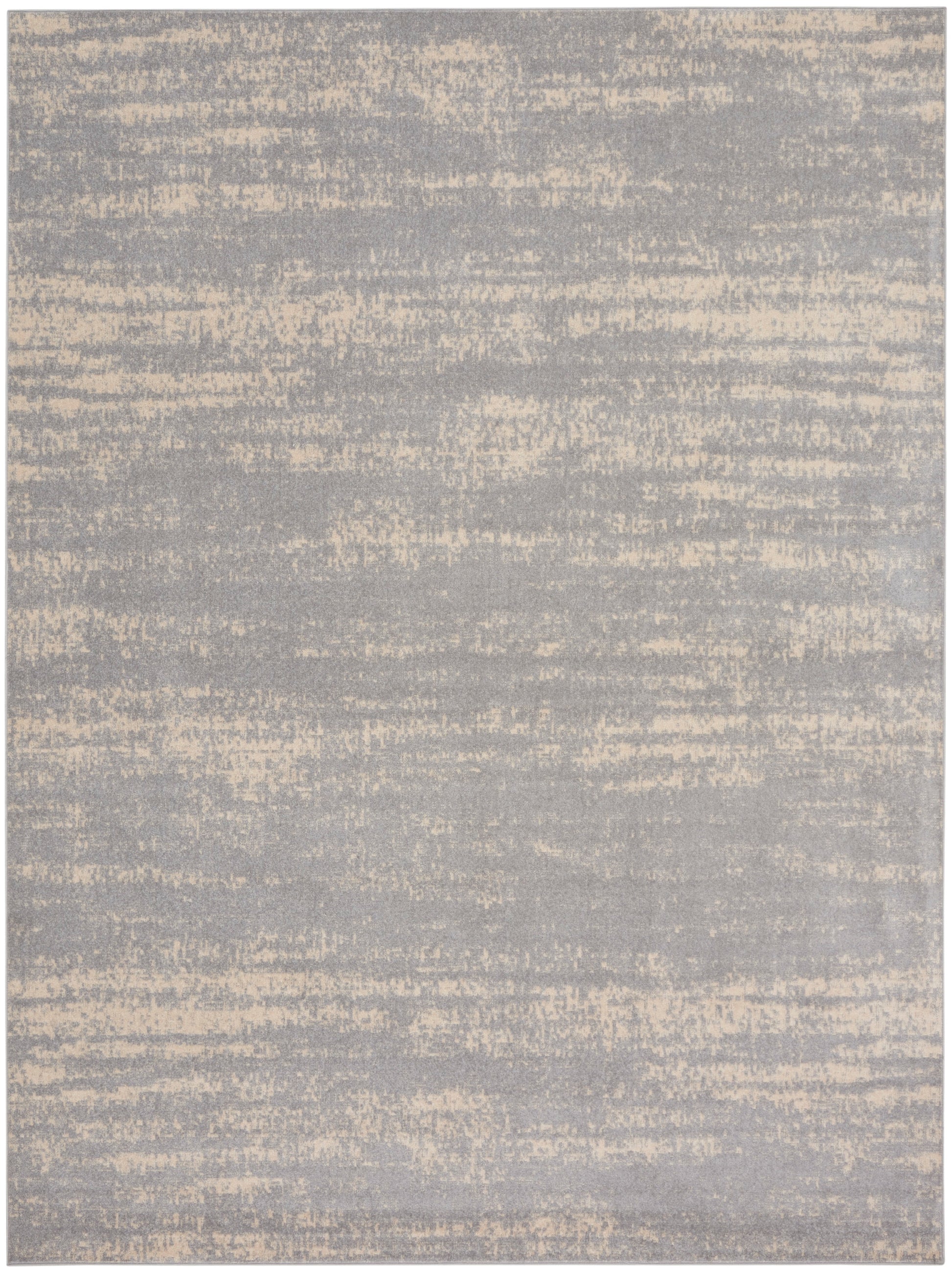 Gray and cream abstract area rug with a soft distressed pattern, rectangular.