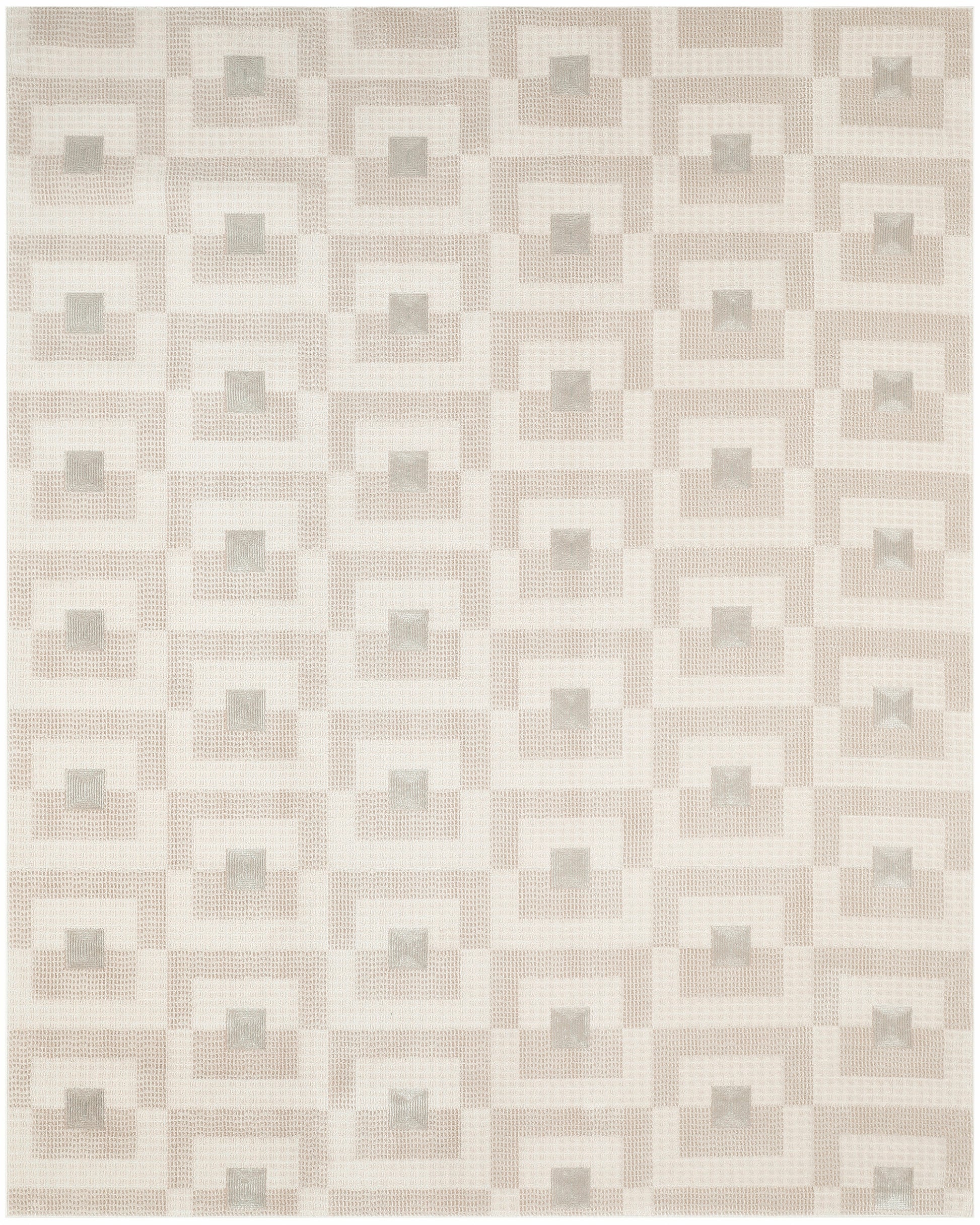 Rectangular beige rug featuring a repeating nested square motif in taupe and gray for a geometric, mid-century look.