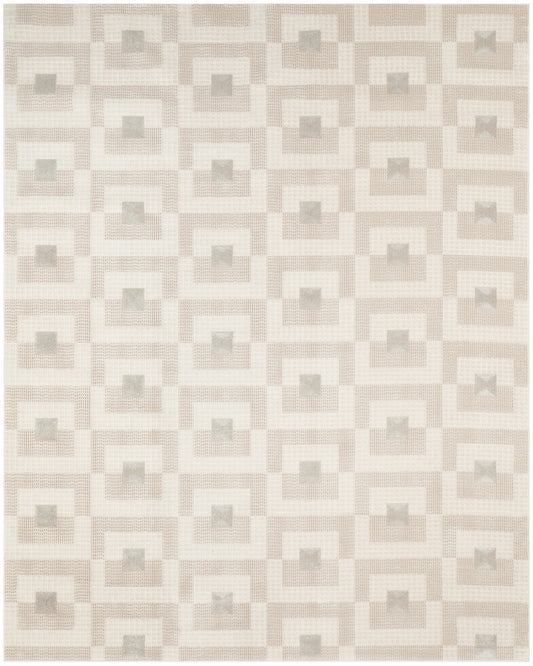 Rectangular beige rug featuring a repeating nested square motif in taupe and gray for a geometric, mid-century look.