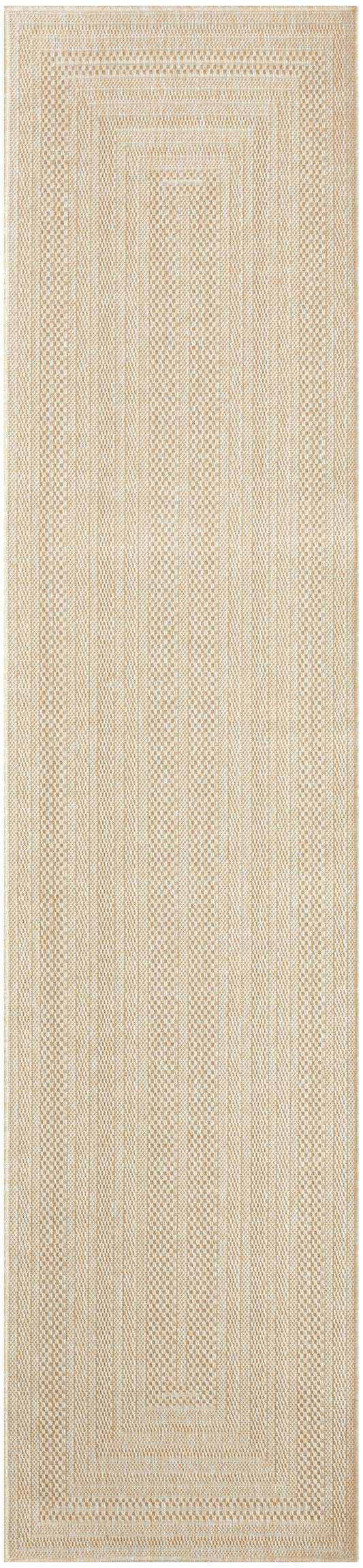 Beige woven rug runner with concentric rectangular borders; textured natural fiber for halls.