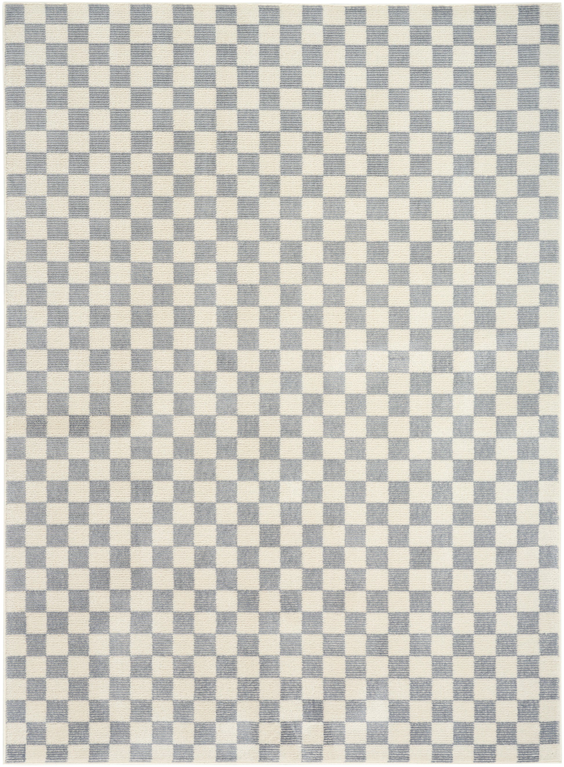 Blue and ivory checkerboard rug, flat-weave textile, rectangular, modern geometric style.