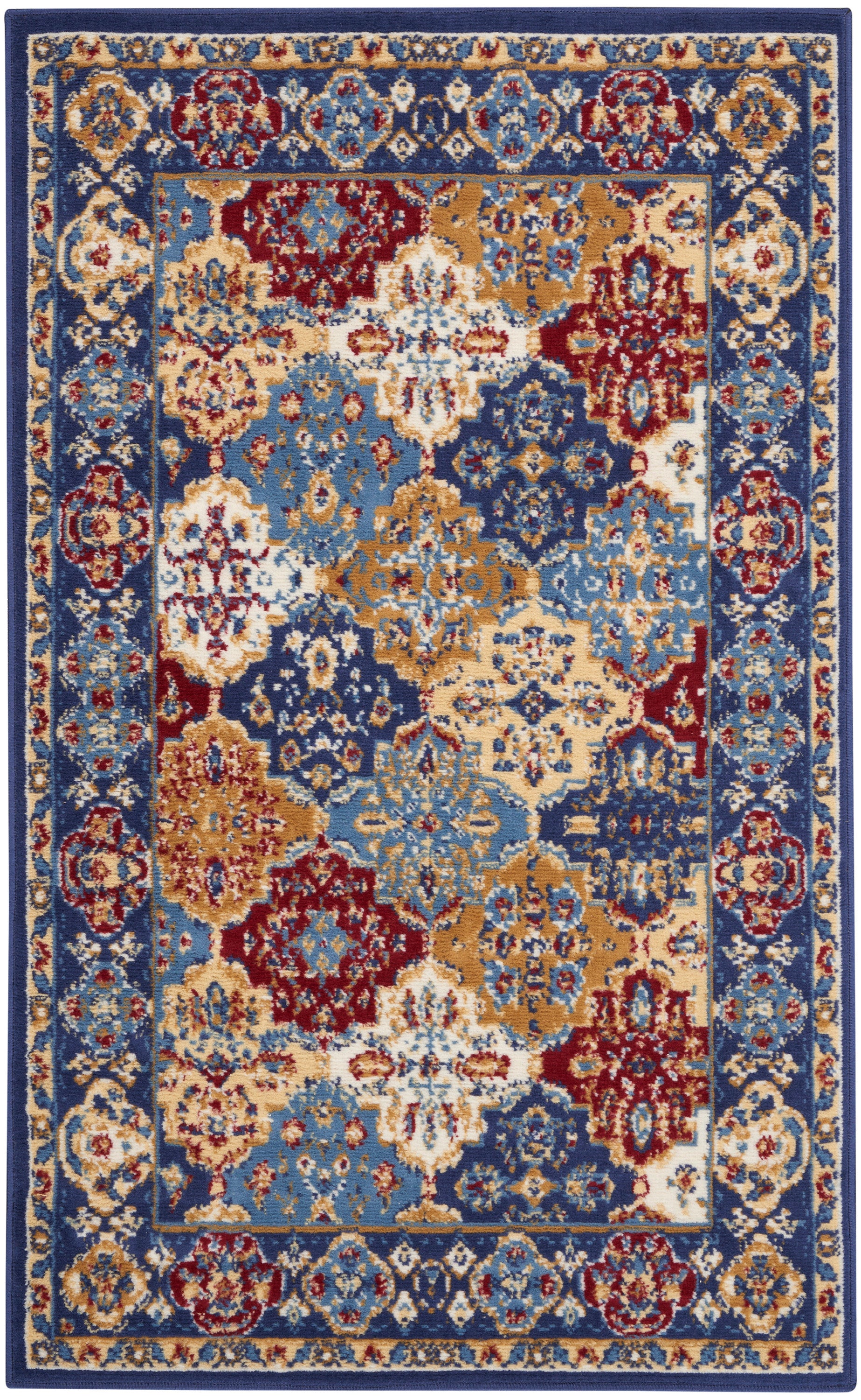 Rectangular oriental area rug with blue border and multicolor floral medallion pattern in ivory, gold, red and blues.