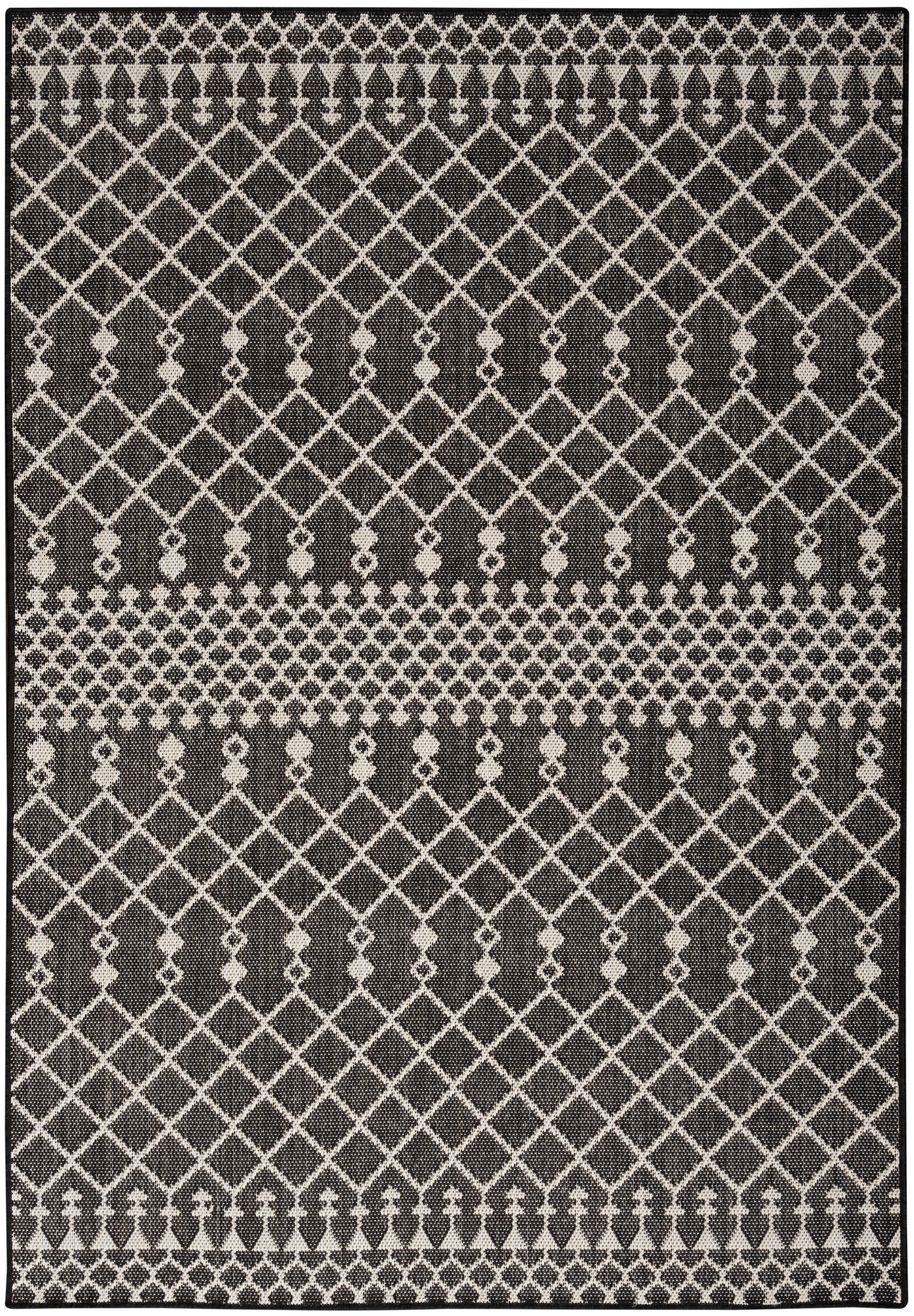Gray & ivory woven rug with diamond lattice patterns & bordered bands; modern geometric decor for living room.