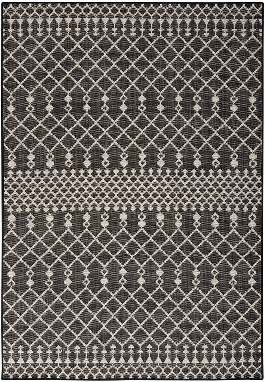 Gray & ivory woven rug with diamond lattice patterns & bordered bands; modern geometric decor for living room.