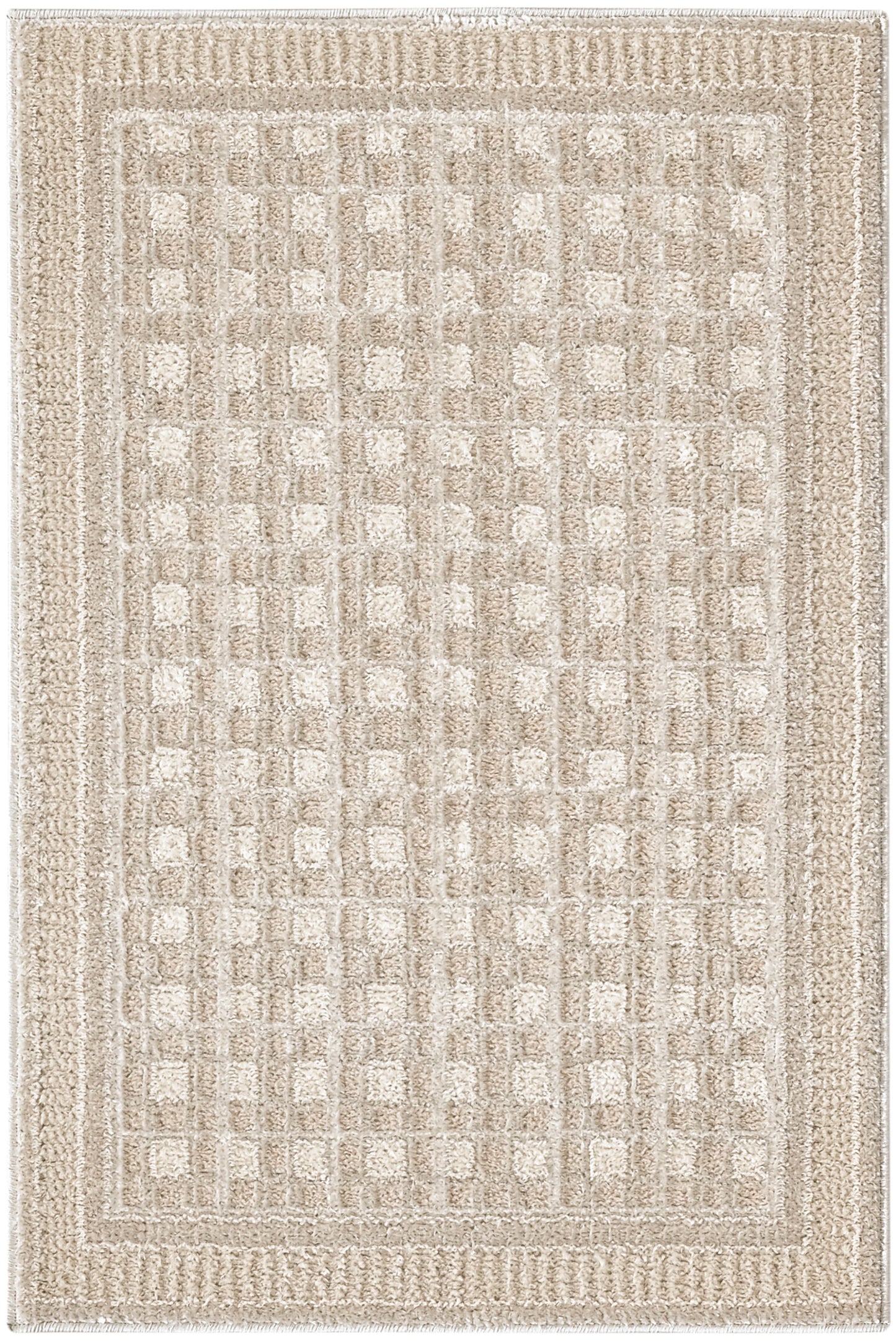 Beige plush rug with a subtle square-grid pattern and bordered edges; 2' x 3' size, cozy neutral living room decor.
