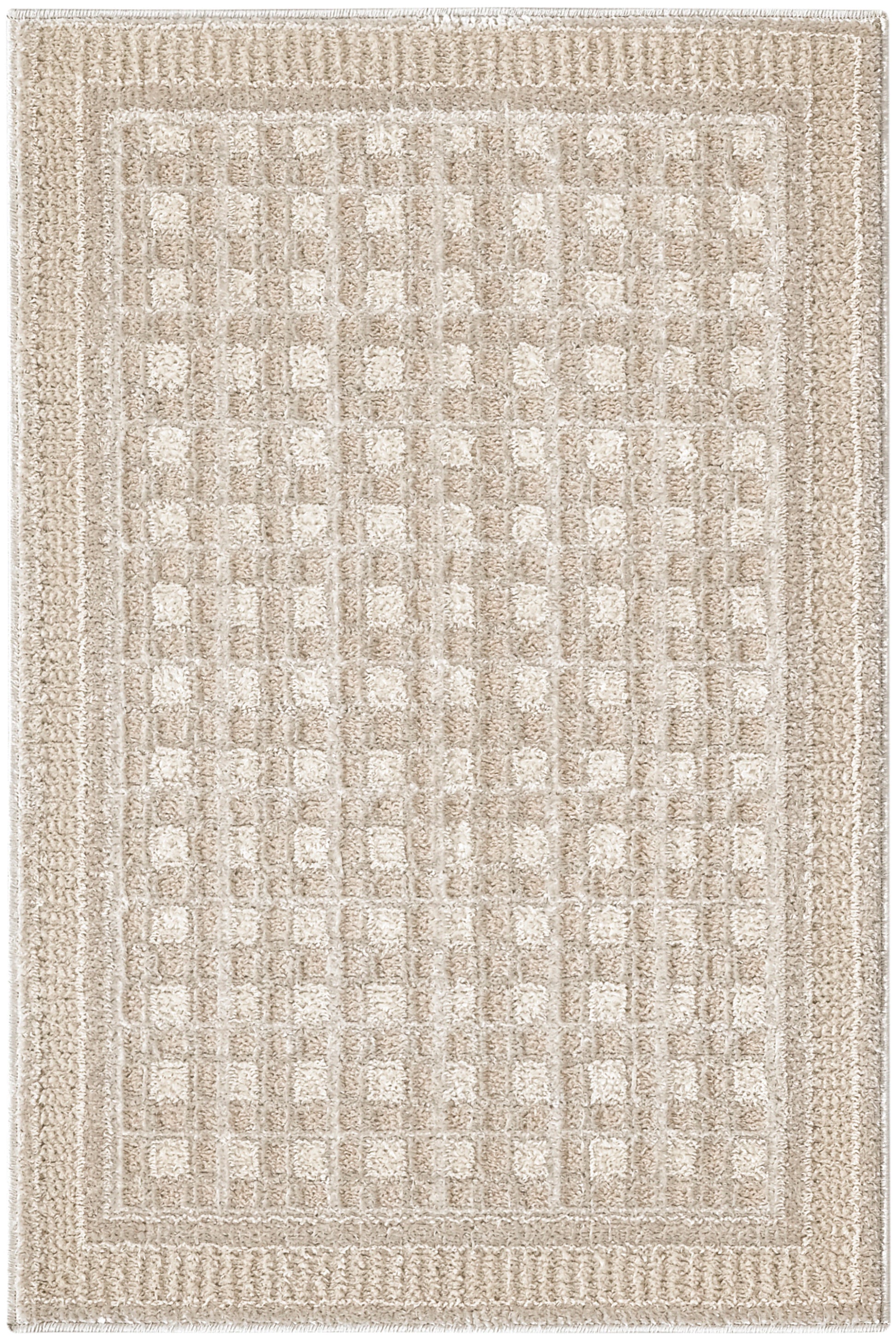 Beige plush rug with a subtle square-grid pattern and bordered edges; 2' x 3' size, cozy neutral living room decor.