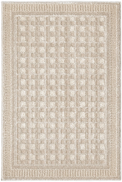 Beige plush rug with a subtle square-grid pattern and bordered edges; 2' x 3' size, cozy neutral living room decor.