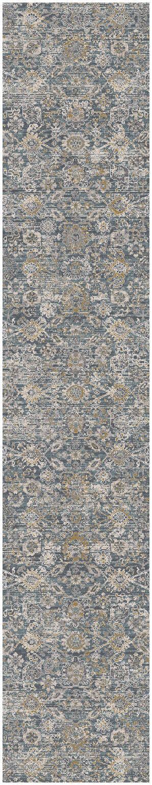 Blue-gray distressed runner rug with ivory and gold floral medallion motifs and geometric detailing.