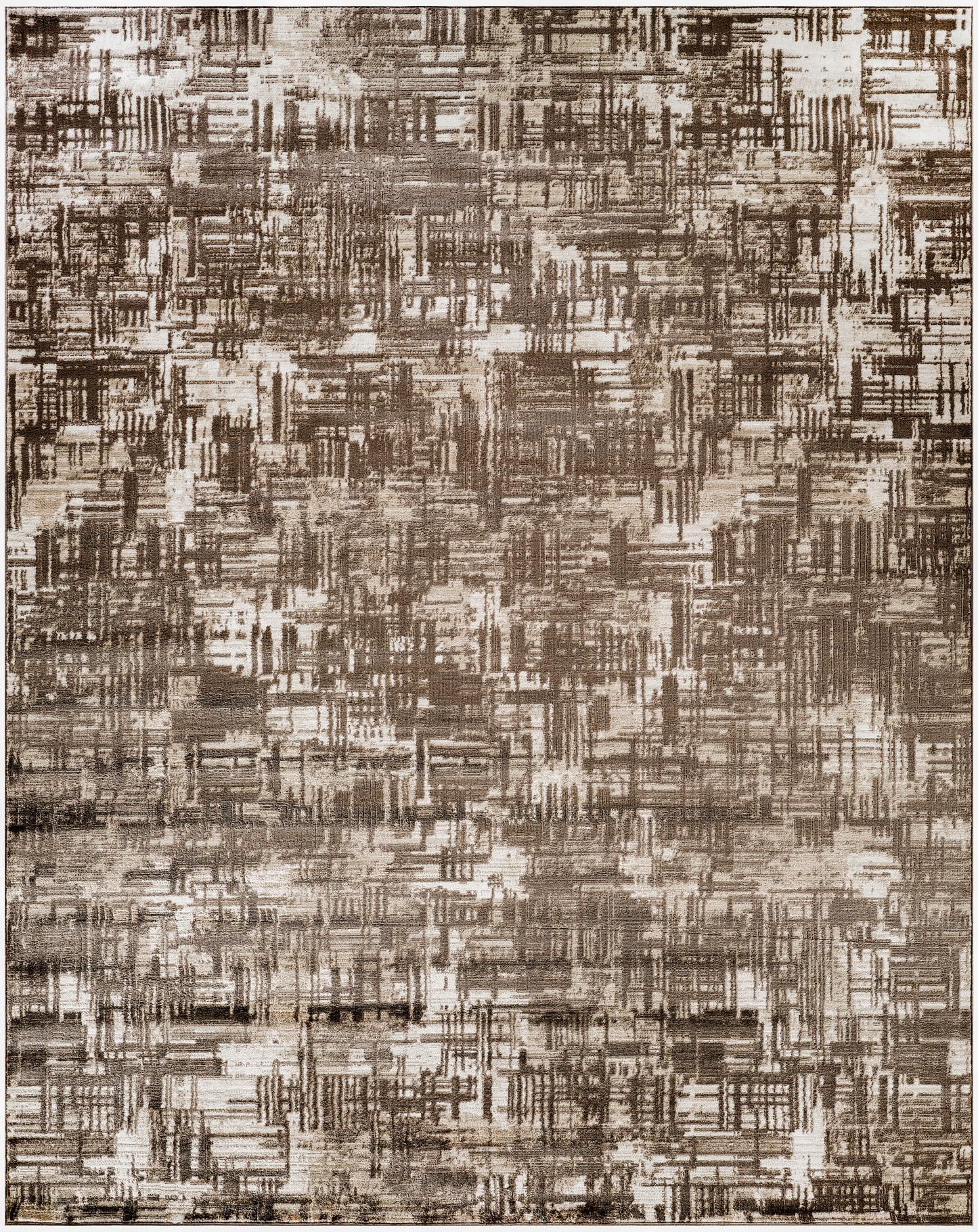 Abstract brown and beige area rug with layered brushstroke pattern; soft woven texture for contemporary living spaces.