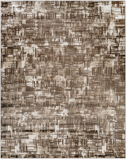 Abstract brown and beige area rug with layered brushstroke pattern; soft woven texture for contemporary living spaces.