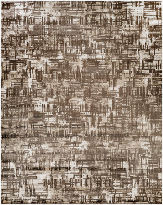 Abstract brown and beige area rug with layered brushstroke pattern; soft woven texture for contemporary living spaces.