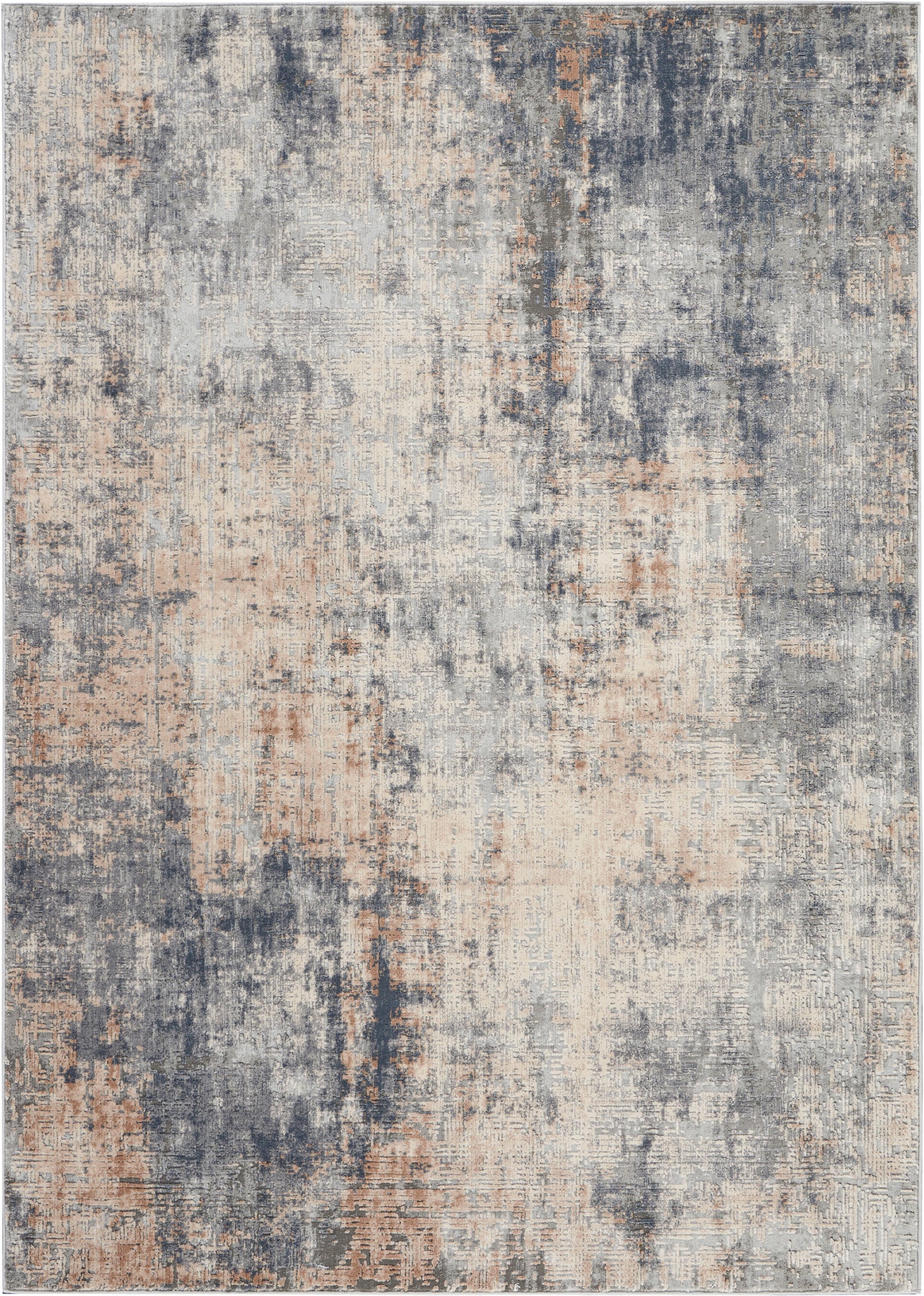 Abstract distressed area rug in blue, gray, beige and rust tones; modern, textured pattern for living room floors.